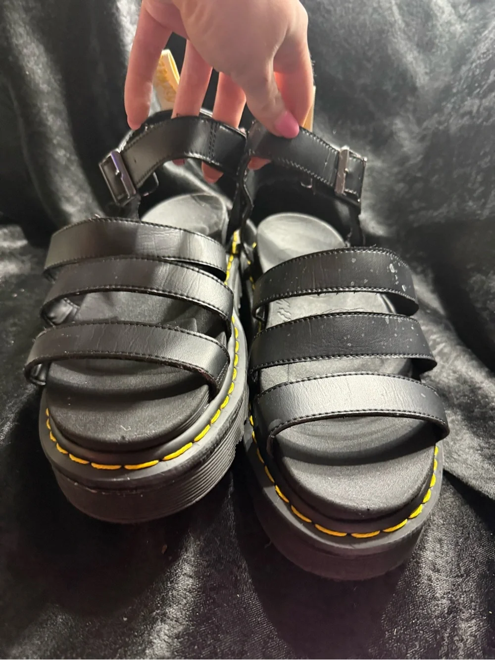 Dr. Martens Black Leather Strappy Platform Sandals with Yellow Stitching-W-11
